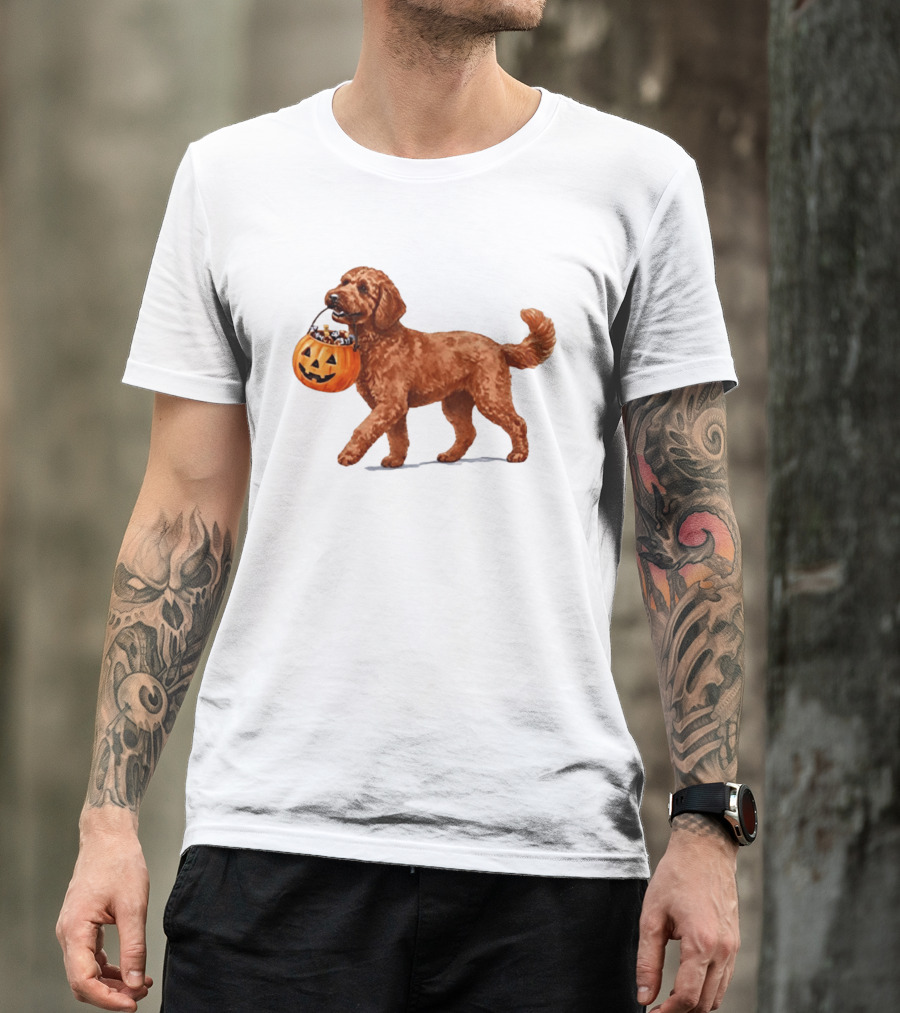 Goldendoodle Halloween Spooky Dog 2026 Pumpkin Treat Bucket T-Shirt