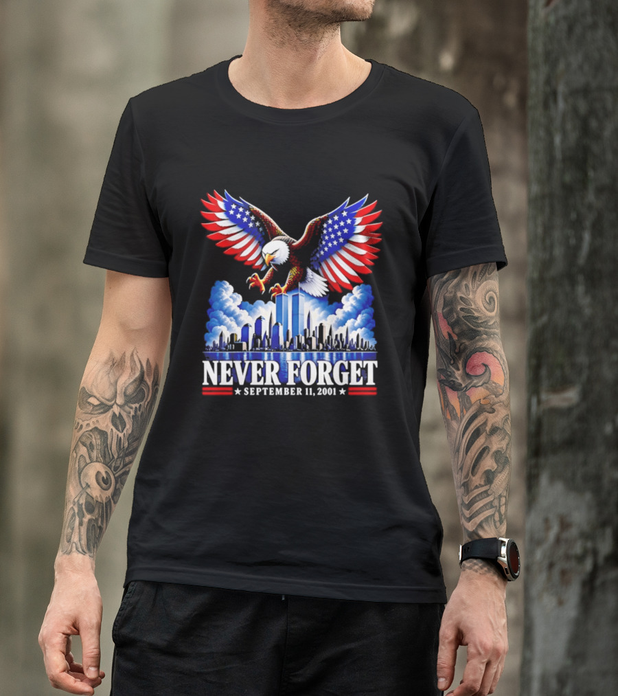 Never Forget September 11 2001 Eagle American Flag Twin Towers Memorial T-Shirt