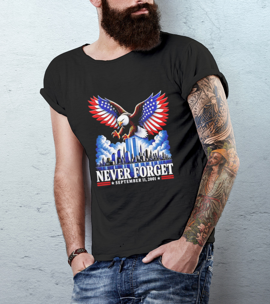 Never Forget September 11 2001 Eagle American Flag Twin Towers Memorial T-Shirt