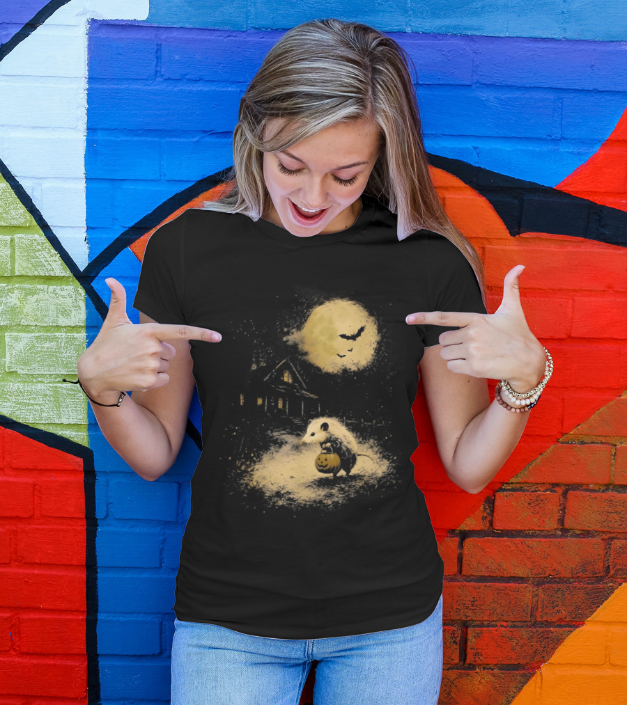 Opossum Halloween 2026 Pumpkin Spooky Moon Haunted House Scene T-Shirt