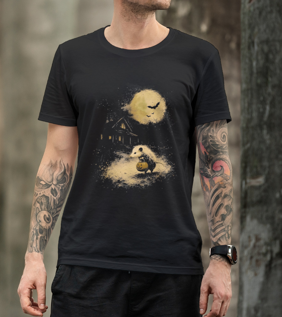 Opossum Halloween 2026 Pumpkin Spooky Moon Haunted House Scene T-Shirt