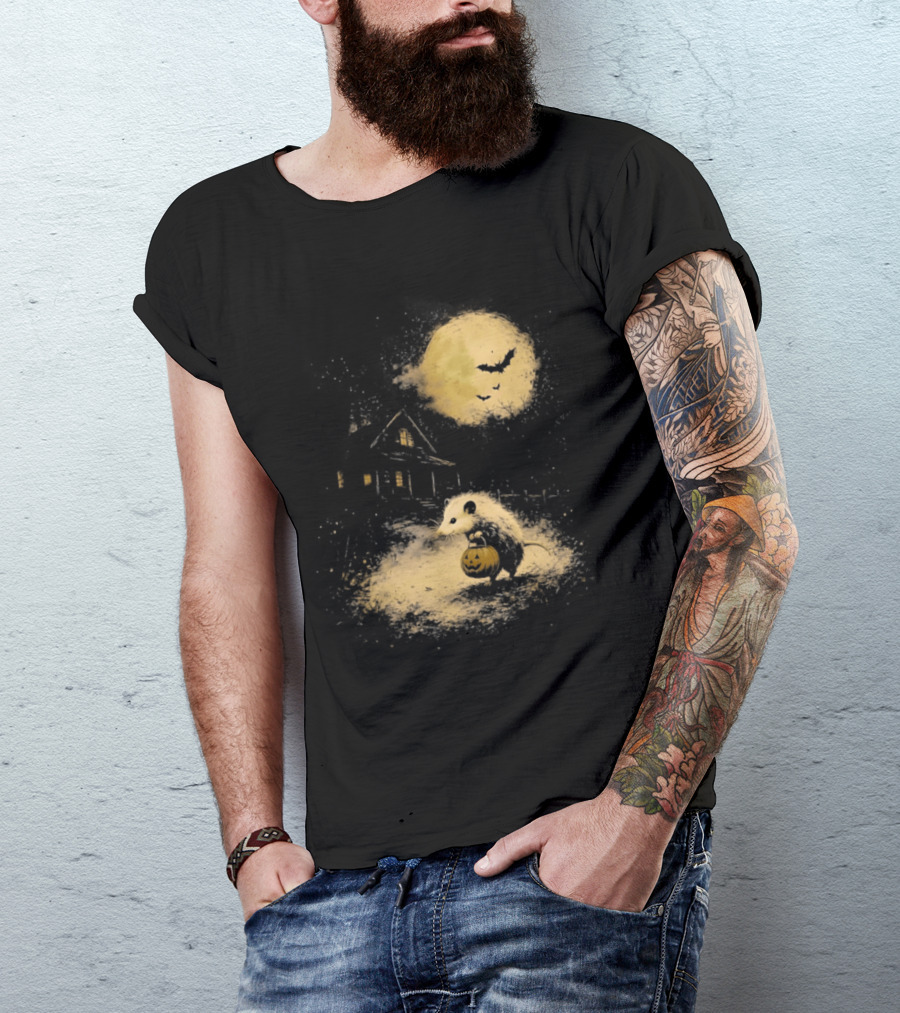 Opossum Halloween 2026 Pumpkin Spooky Moon Haunted House Scene T-Shirt