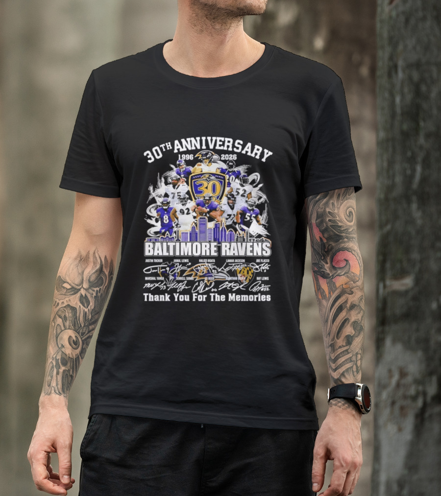 30th Anniversary Baltimore Ravens 1996 2026 Thank You For The Memories Signatures T-Shirt