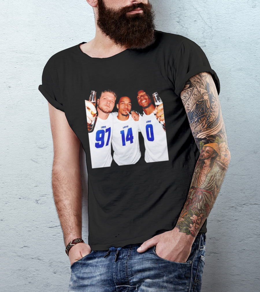 Detroit Lions Aidan Hutchinson Amon Ra St. Brown Jahmyr Gibbs Holding Beer Bottles Smoking Celebration T-Shirt
