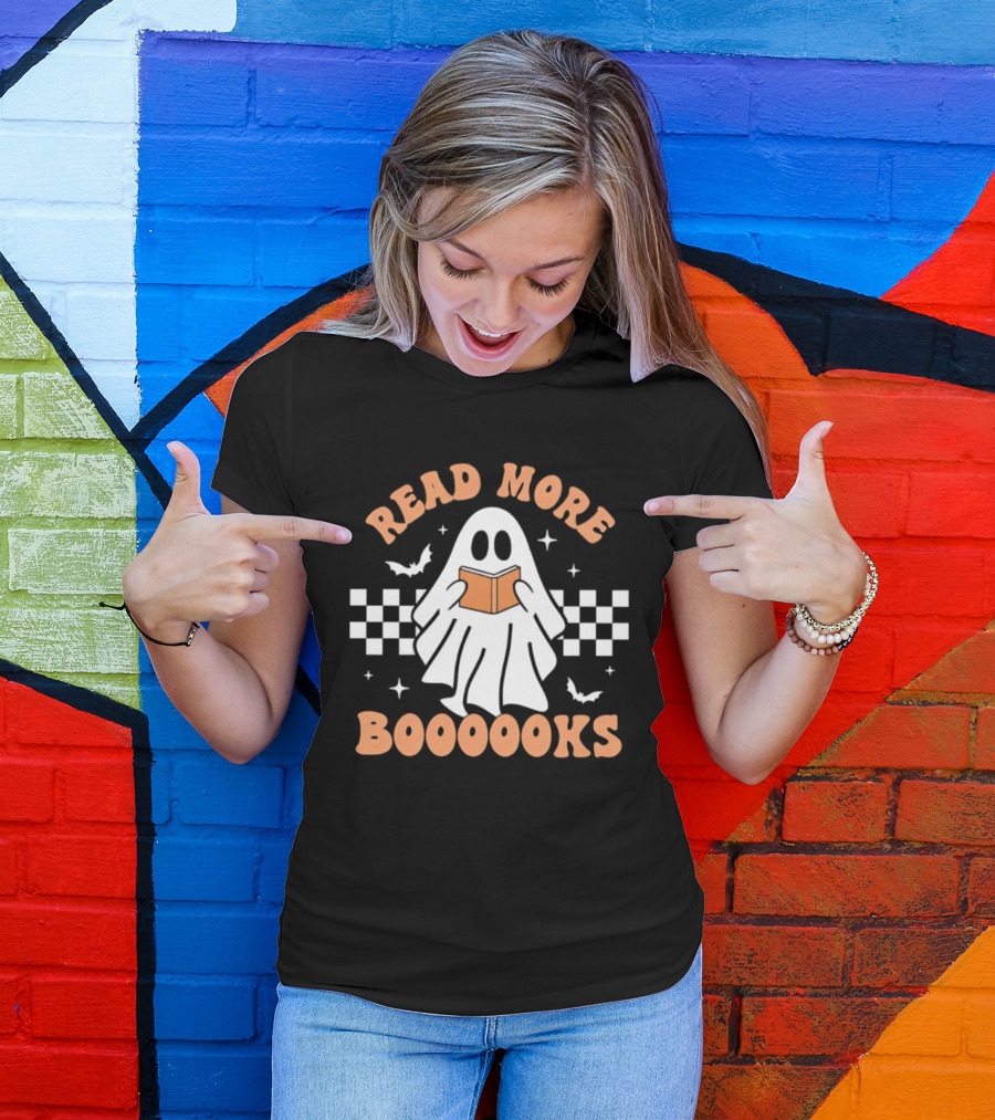 Read More Booooks Ghost Halloween Bat Checkerboard T-Shirt