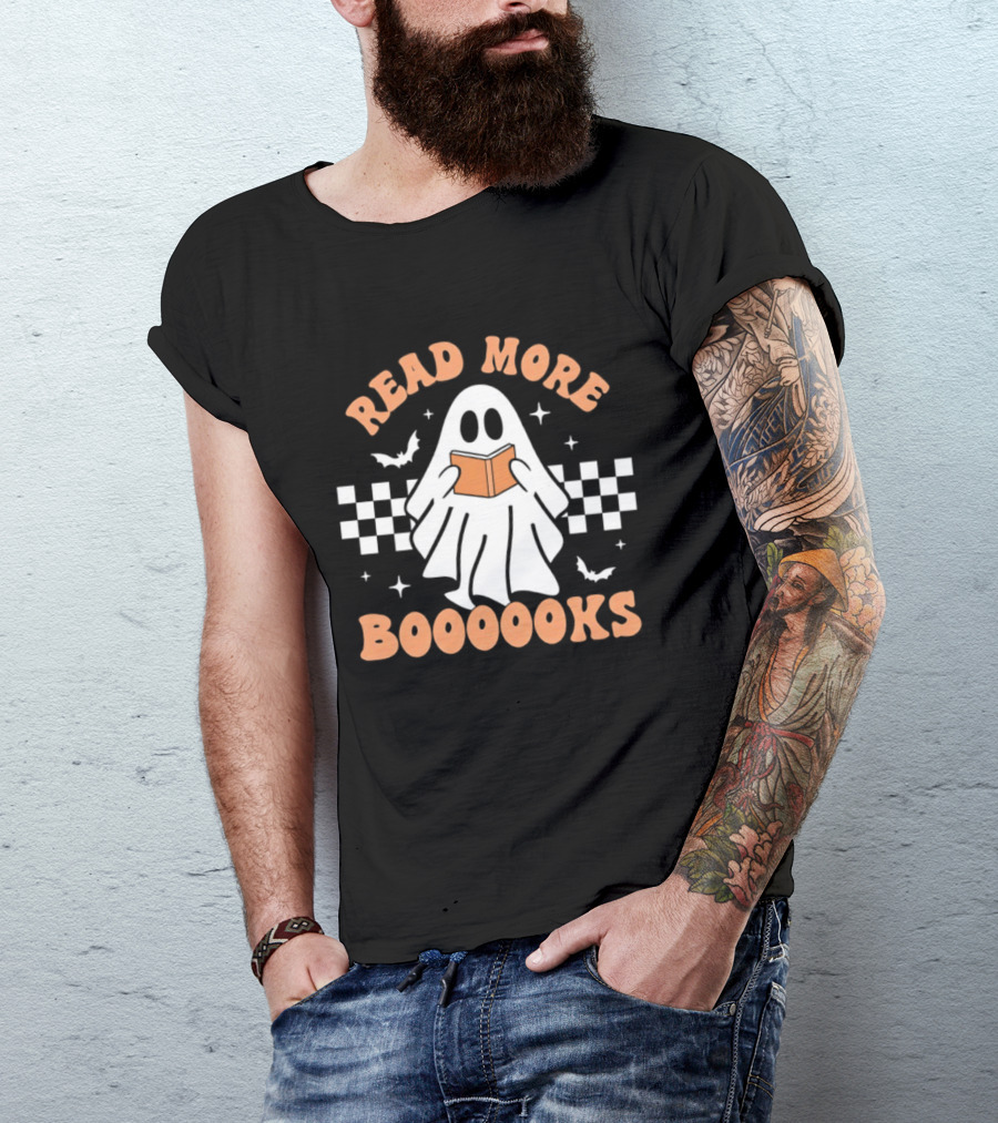 Read More Booooks Ghost Halloween Bat Checkerboard T-Shirt