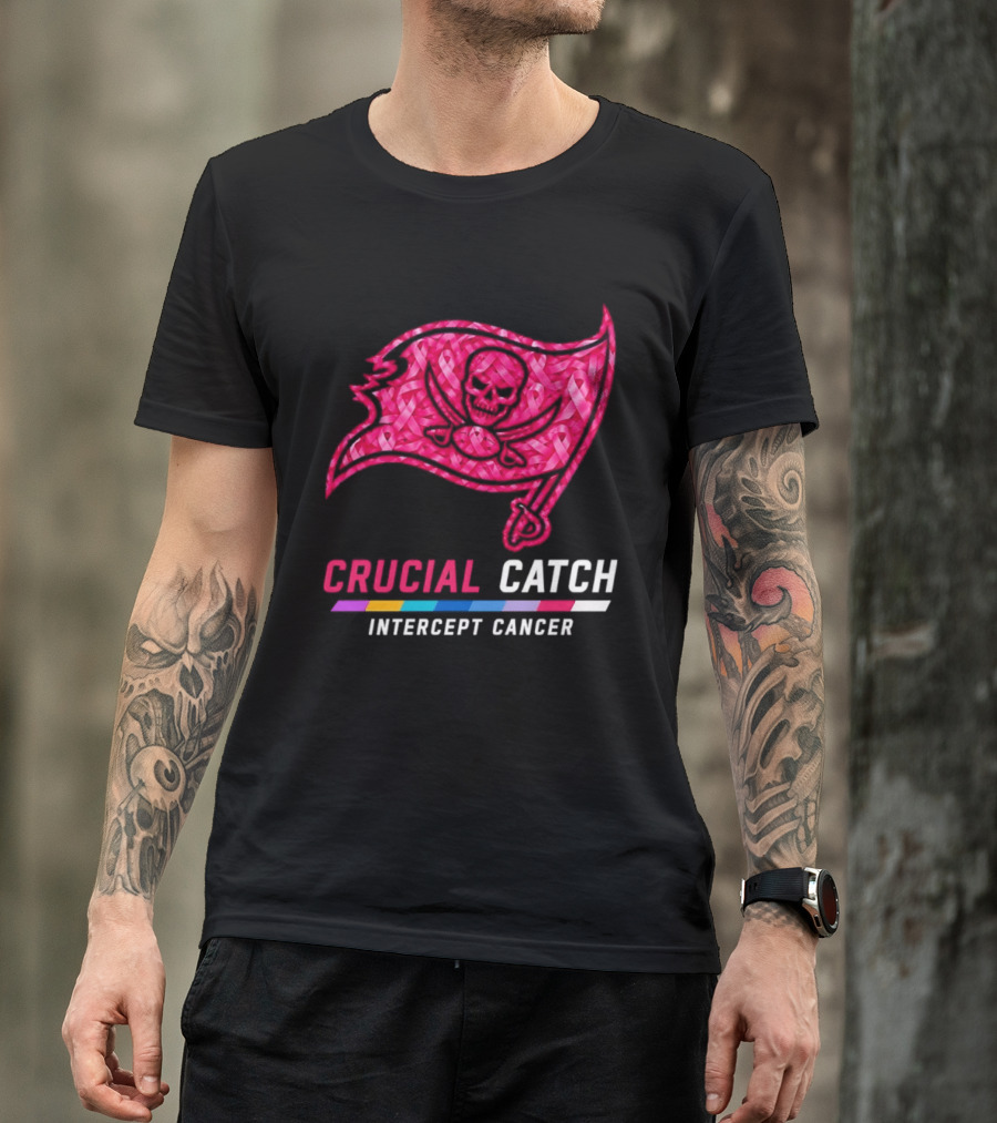 Tampa Bay Buccaneers 2026 Crucial Catch Intercept Cancer Pink Ribbon Flag T-Shirt