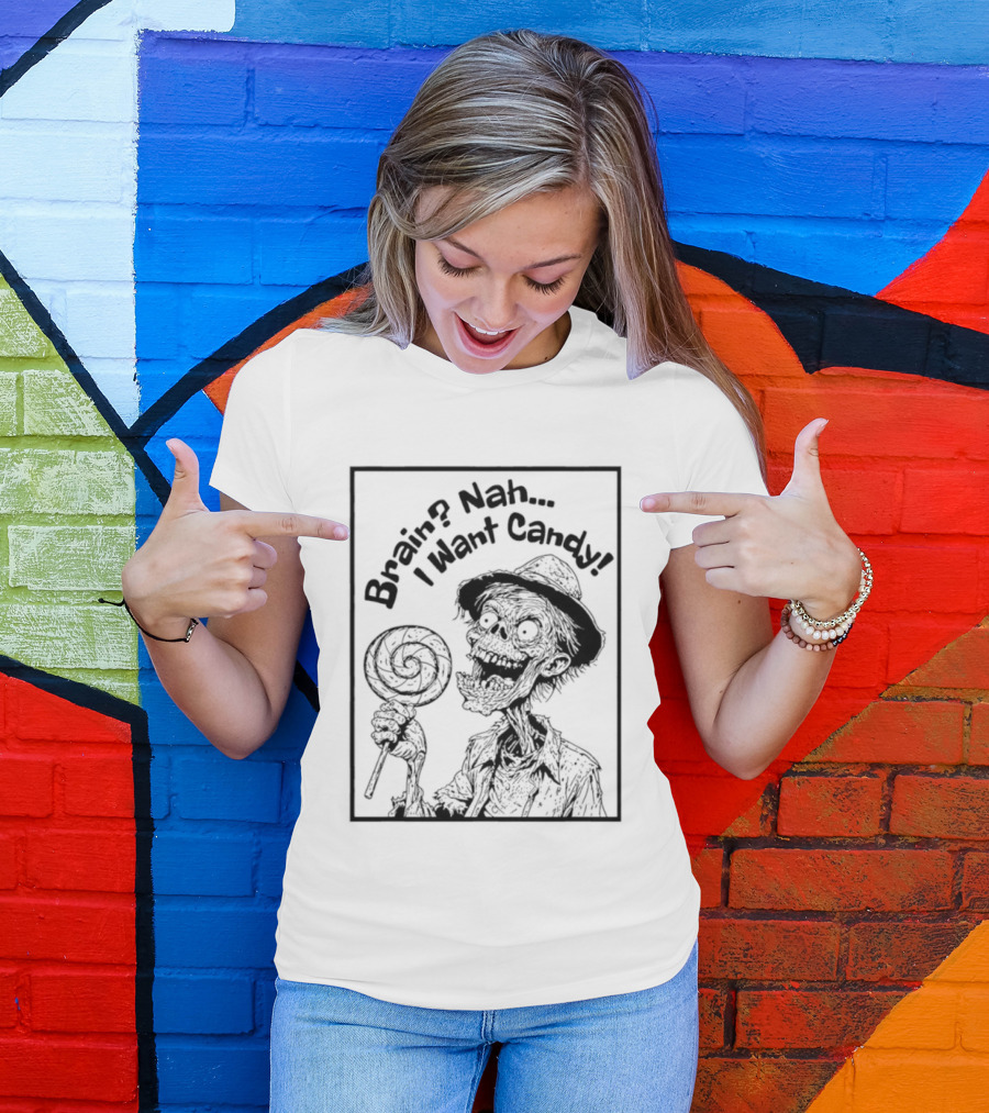Halloween Zombie Eating Lollipop Brain Nah I Want Candy Ghost T-Shirt