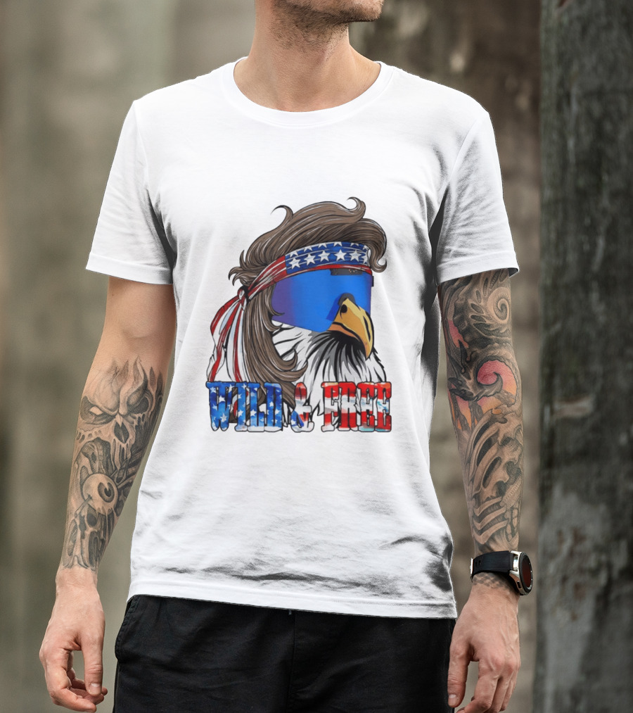 Wild And Free Bald Eagle USA Flag Bandana And Sunglasses T-Shirt