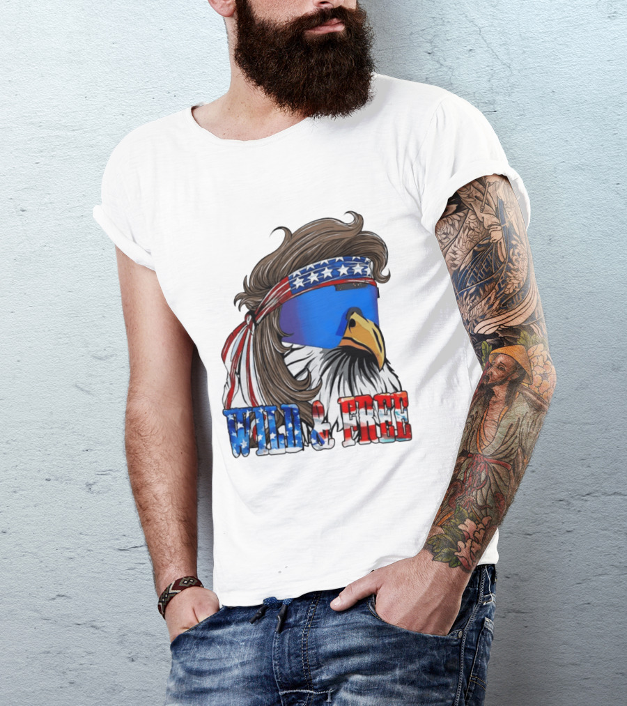 Wild And Free Bald Eagle USA Flag Bandana And Sunglasses T-Shirt