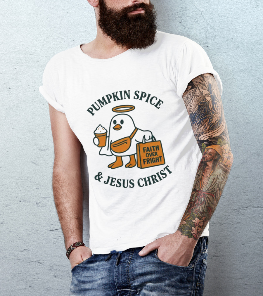Pumpkin Spice Jesus Christ Faith Over Fright Angelic Penguin Coffee T-Shirt
