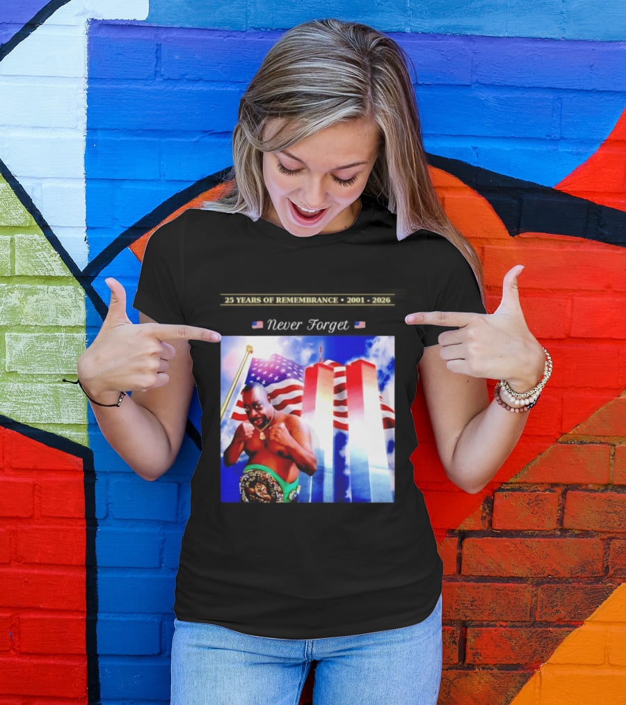 25 Years Of Remembrance 2001 2026 Beetlejuice Never Forget Twin Towers Boxing Belt American Flag T-Shirt