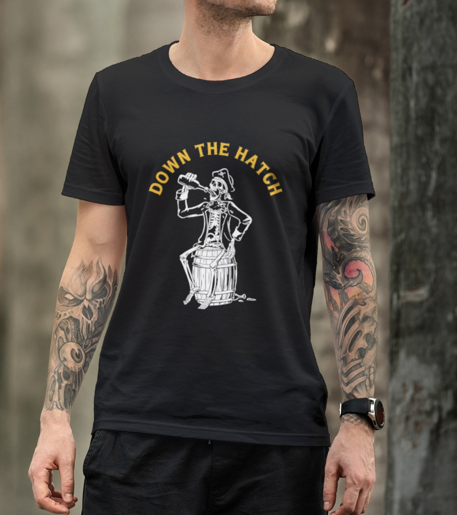 Down The Hatch Skeleton Pirate Drinking T-Shirt