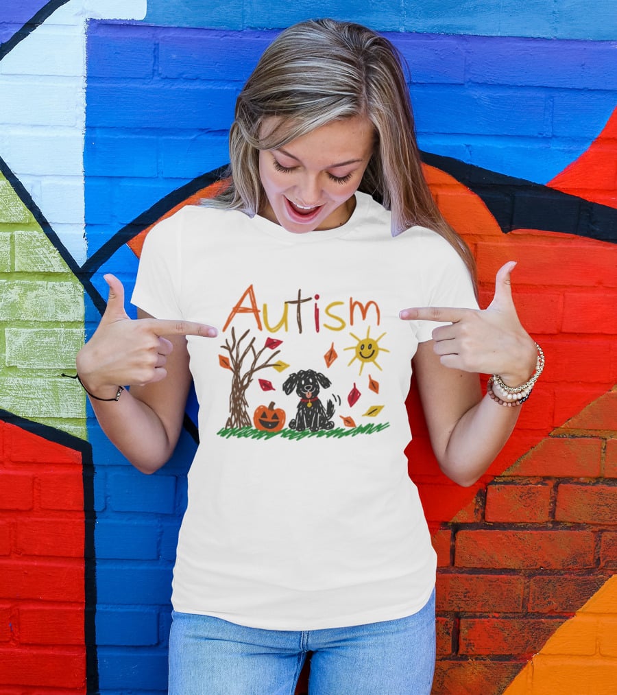 Autism Dog Pumpkin Halloween Fall Leaves Drawing T-Shirt