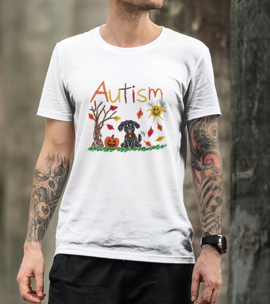 Autism Dog Pumpkin Halloween Fall Leaves Drawing T-Shirt