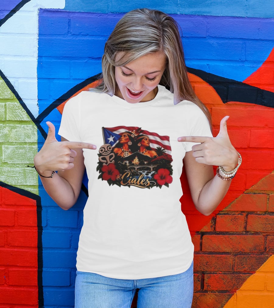 Ciales Puerto Rico Taino Women With Flag Hibiscus Flowers And Indigenous T-Shirt