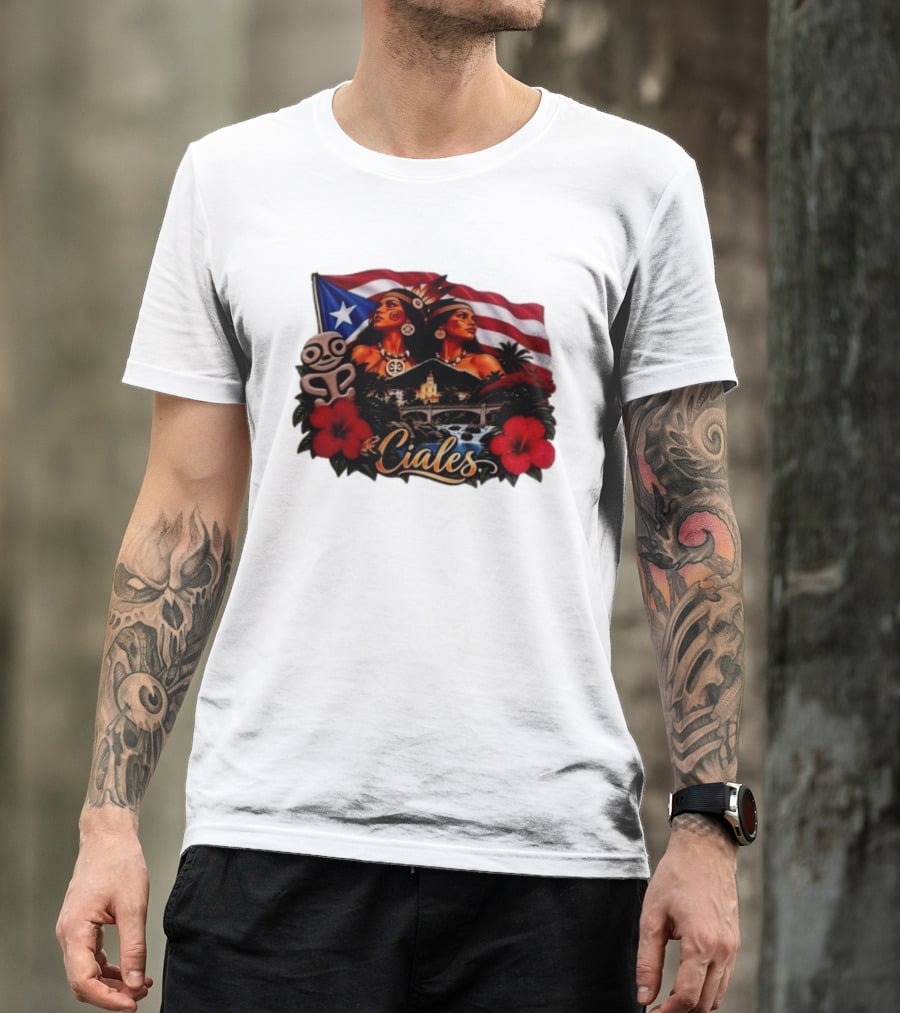 Ciales Puerto Rico Taino Women With Flag Hibiscus Flowers And Indigenous T-Shirt