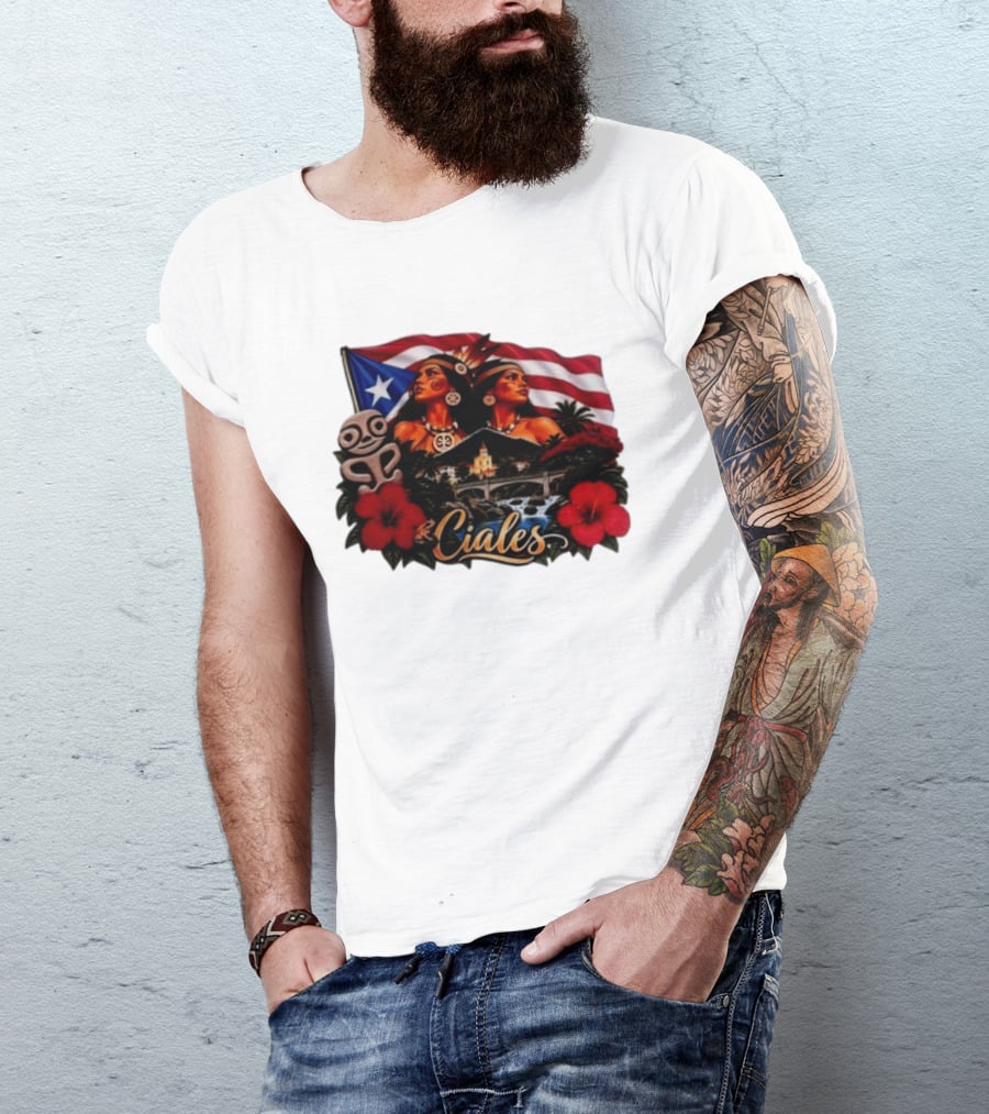 Ciales Puerto Rico Taino Women With Flag Hibiscus Flowers And Indigenous T-Shirt