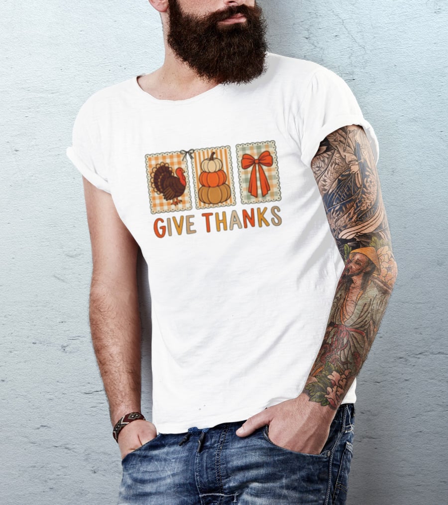 Thanksgiving Give Thanks Turkey Pumpkin Bow Harvest Celebration T-Shirt