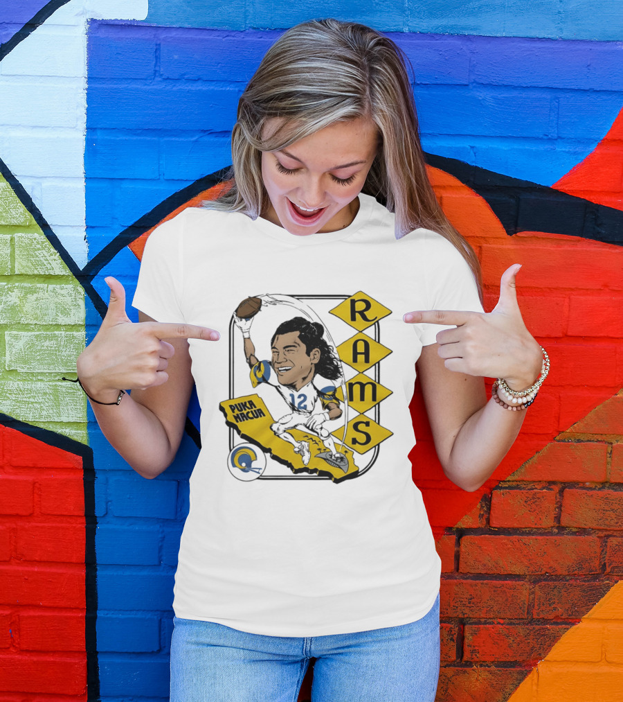 Los Angeles Rams Puka Nacua Caricature Football Player California Map T-Shirt