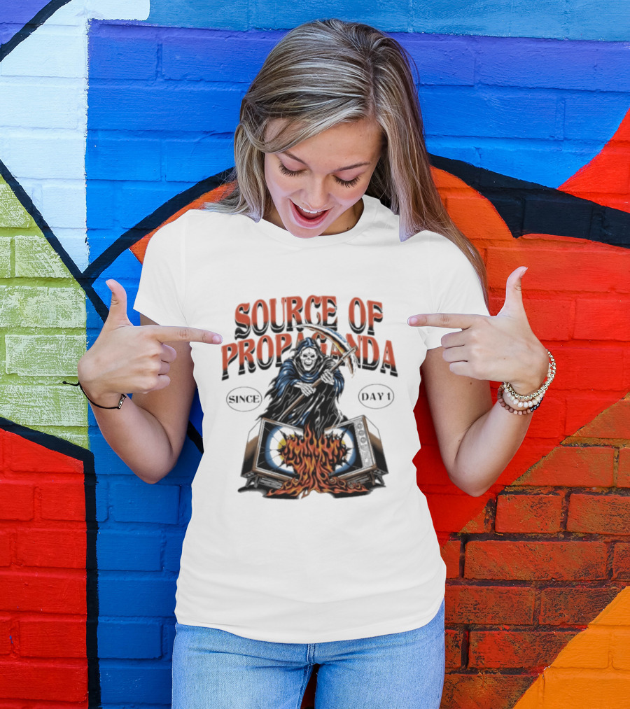 Source Of Propaganda Since Day 1 Grim Reaper Over Burning Television T-Shirt