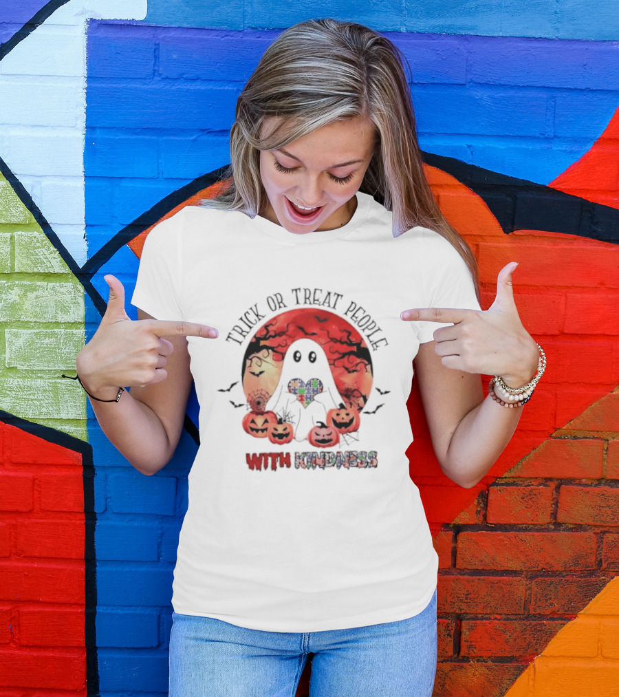 Trick Or Treat People With Kindness Autism Awareness Halloween Ghost Pumpkins T-Shirt