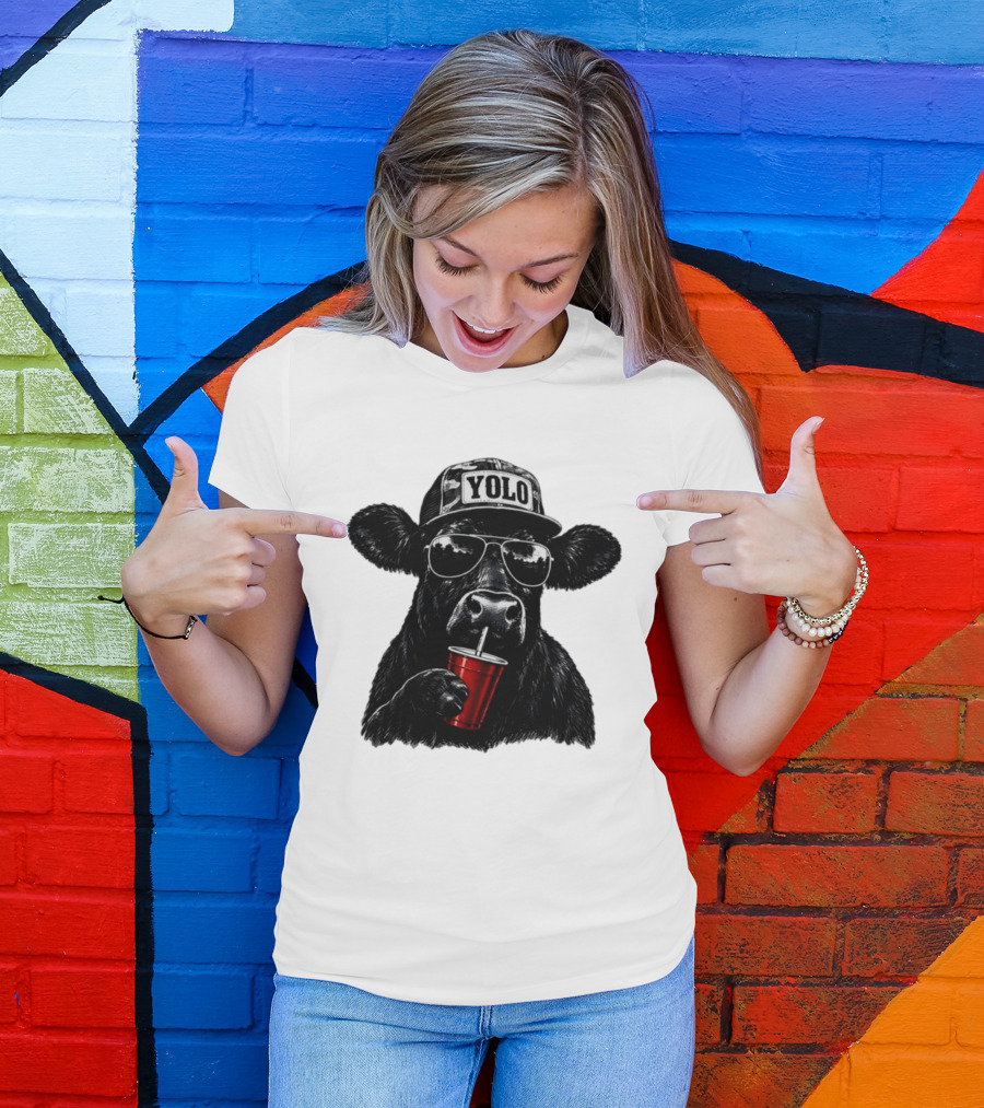 YOLO Angus Cattle With Sunglasses And Red Cup Western T-Shirt