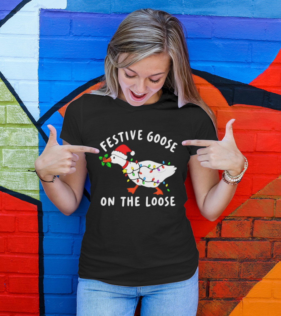 Festive Goose On The Loose With Christmas Lights And Santa Hat T-Shirt
