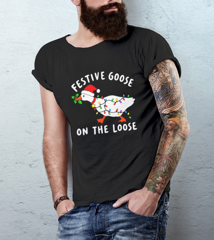 Festive Goose On The Loose With Christmas Lights And Santa Hat T-Shirt