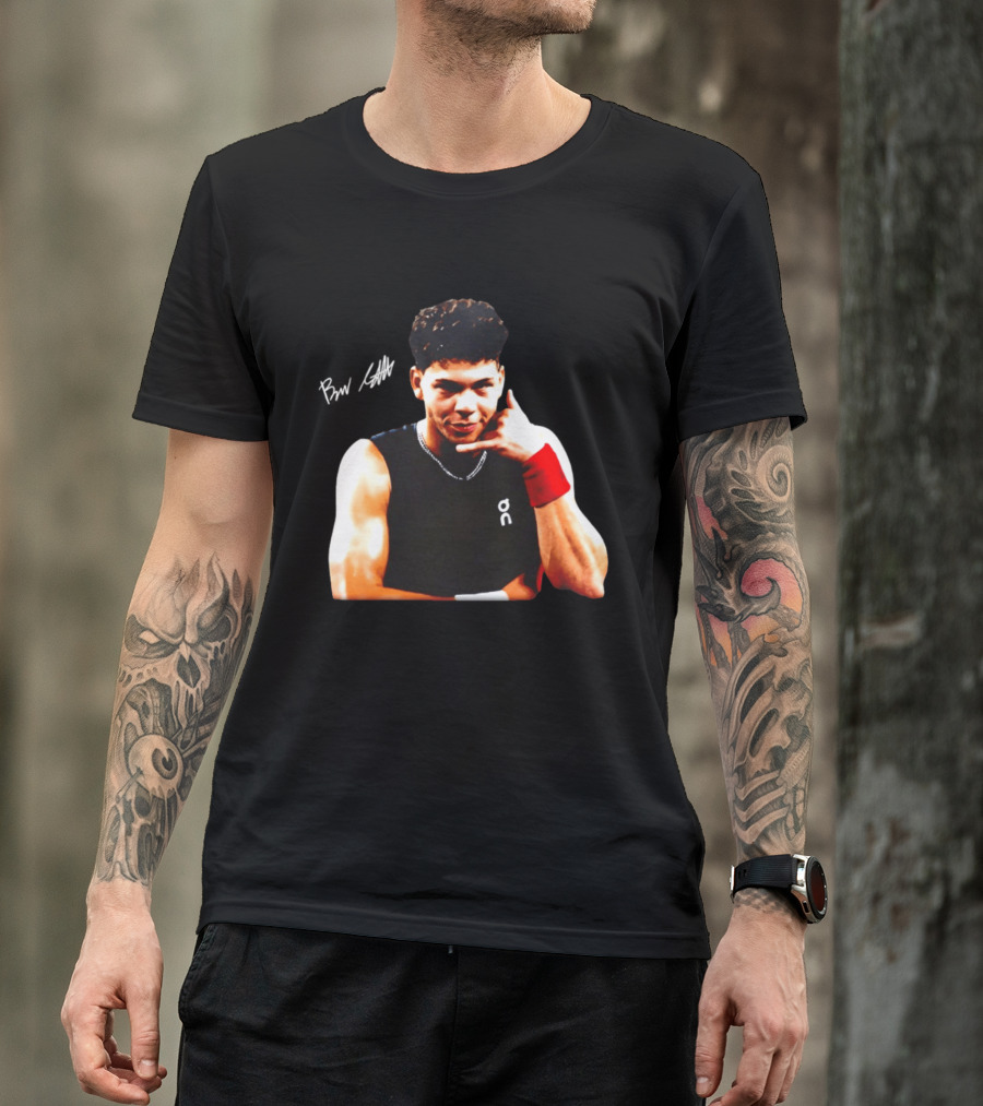 Ben Shelton Phone Gesture On Athletic Tank With Red Wristband T-Shirt