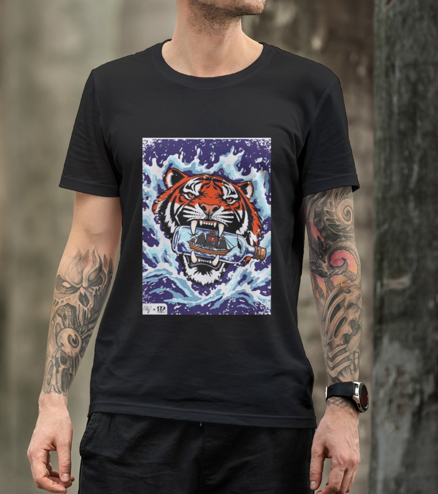Bengals Vs Buccaneers Tiger And Pirate Ship Battle In A Bottle T-Shirt