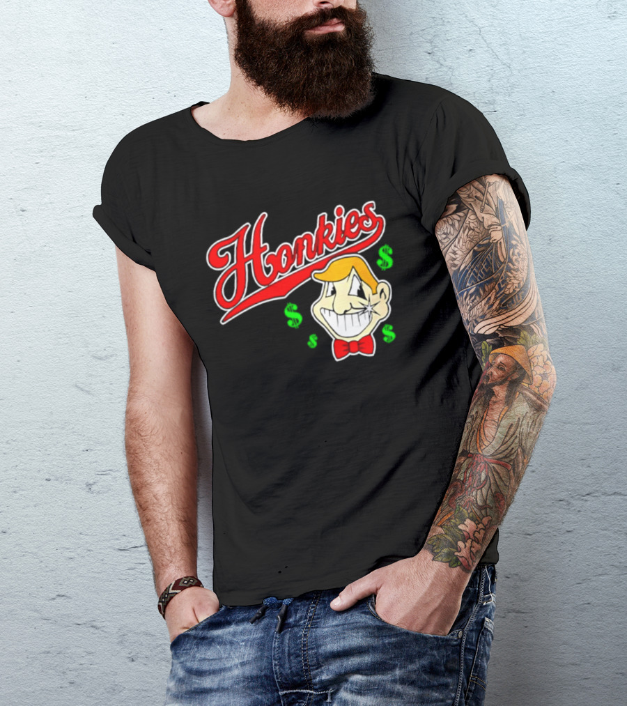 Honkies Red Script Cash Icon With Cartoon Face And Bow Tie T-Shirt
