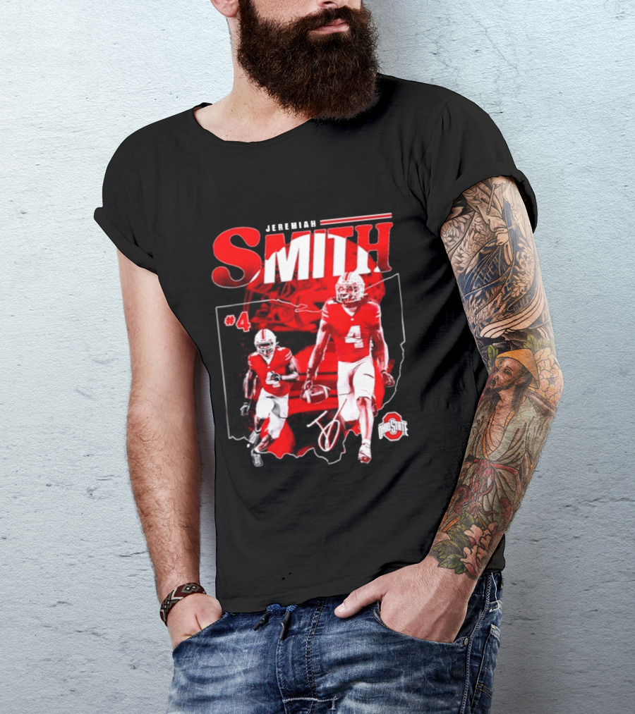 Jeremiah Smith #4 Ohio State Buckeyes Football NCAA Player Ohio Map T-Shirt