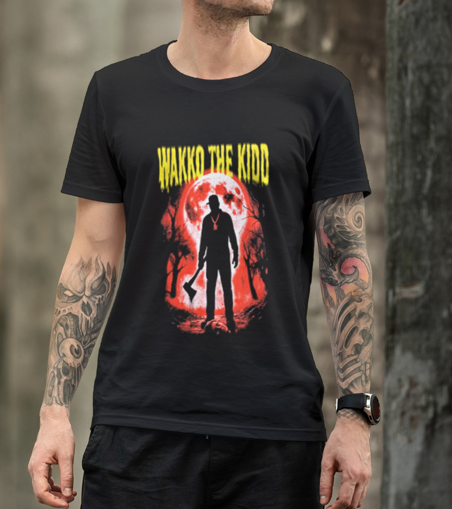 Wakko The Kidd Swing The Hatchet Red Moon Silhouette Charcoal Grey T-Shirt