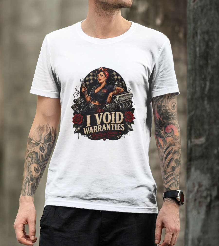 I Void Warranties Pretty In Grease Pin Up Girl Mechanic Troublemaker Engine Piston Rose Checkered T-Shirt