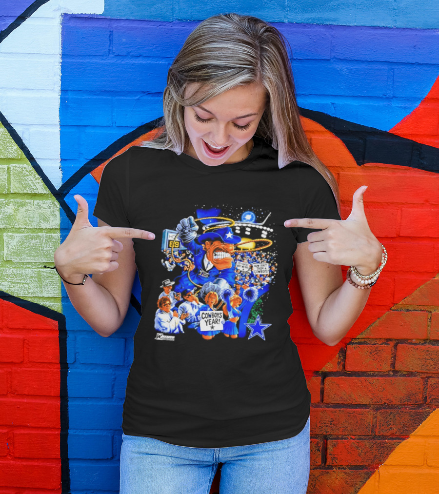 Dallas Cowboys Rowdy Mascot With Star And Cheerleaders Retro Cartoon T-Shirt