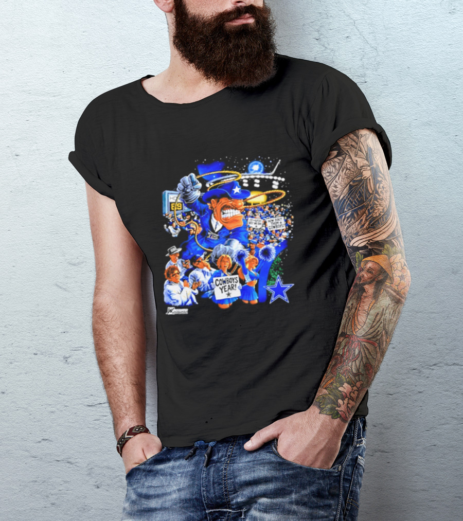 Dallas Cowboys Rowdy Mascot With Star And Cheerleaders Retro Cartoon T-Shirt