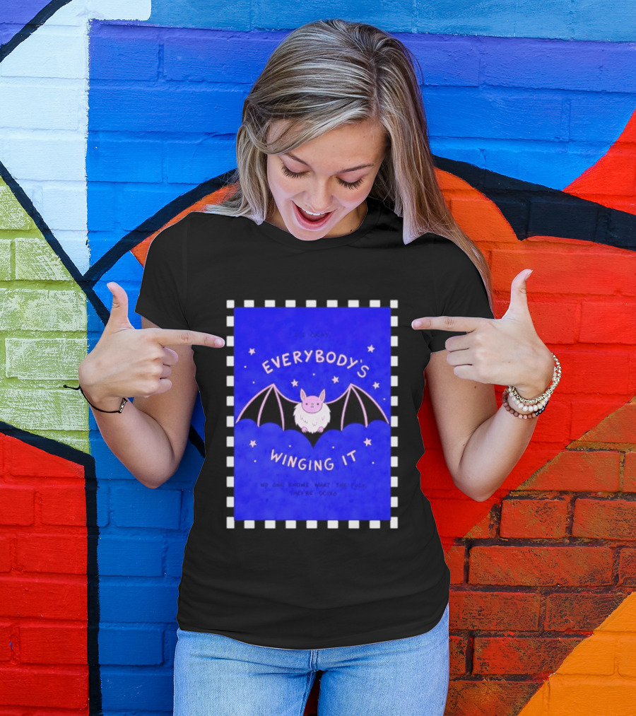 It's Okay Everybody's Winging It No One Knows What They're Doing Pink Bat With Stars T-Shirt