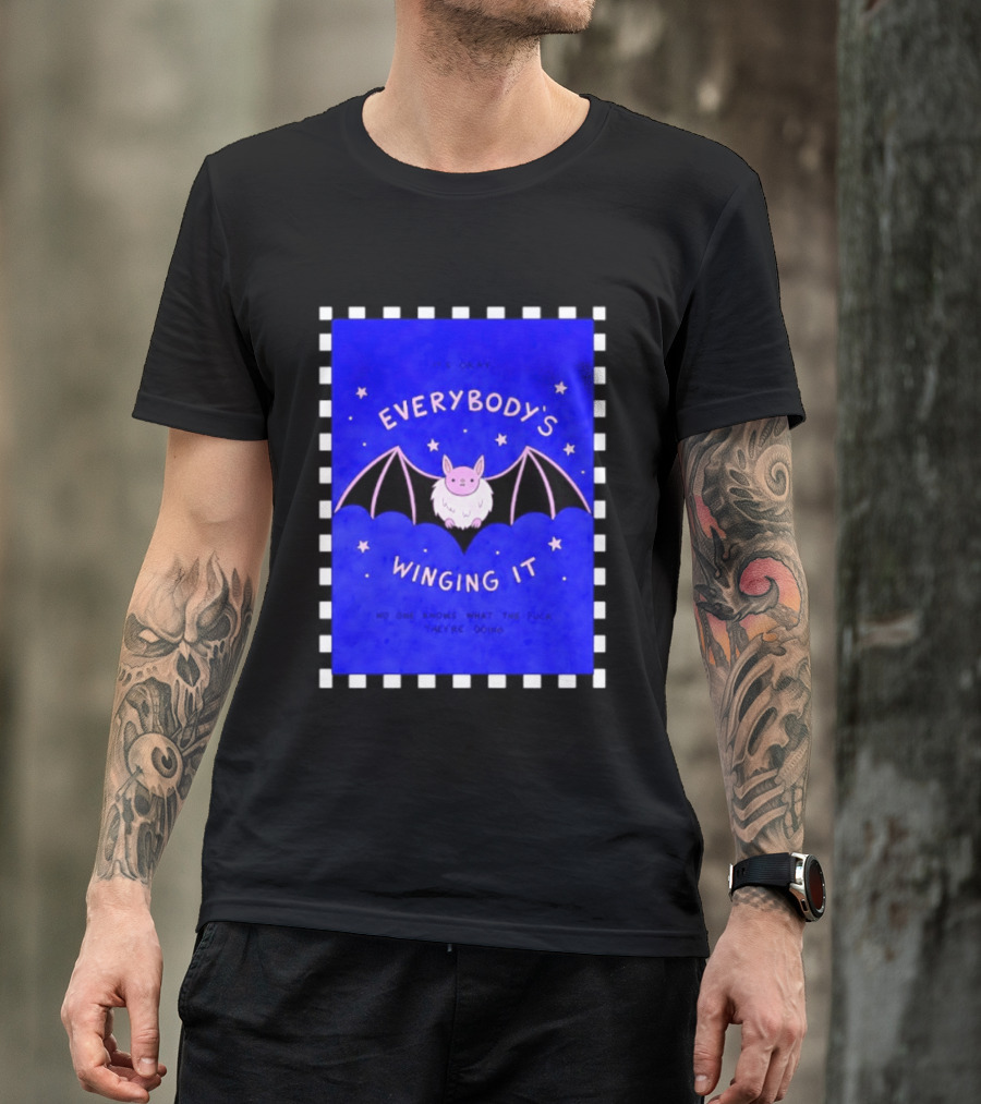 It's Okay Everybody's Winging It No One Knows What They're Doing Pink Bat With Stars T-Shirt