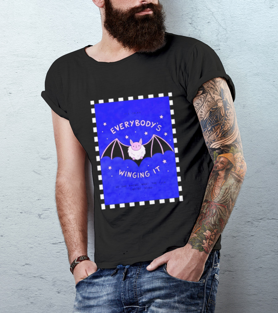 It's Okay Everybody's Winging It No One Knows What They're Doing Pink Bat With Stars T-Shirt