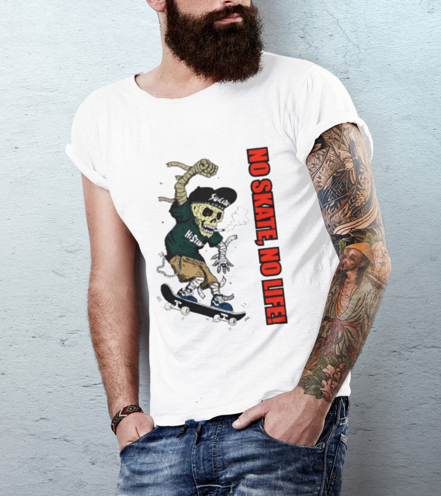Skeleton Mummy Hi Stan No Skate No Life Skateboarding Skeleton T-Shirt