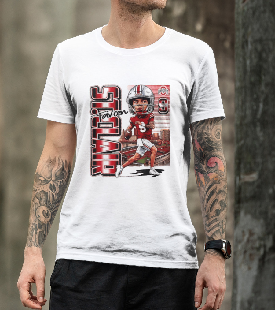 Tavien St. Clair 9 Ohio State Buckeyes Player Caricature With Ohio Stadium T-Shirt