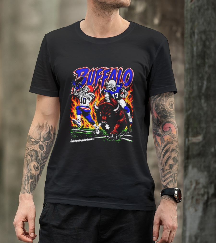 Buffalo Bills Flaming Skeleton Football Players Number 10 And 17 T-Shirt