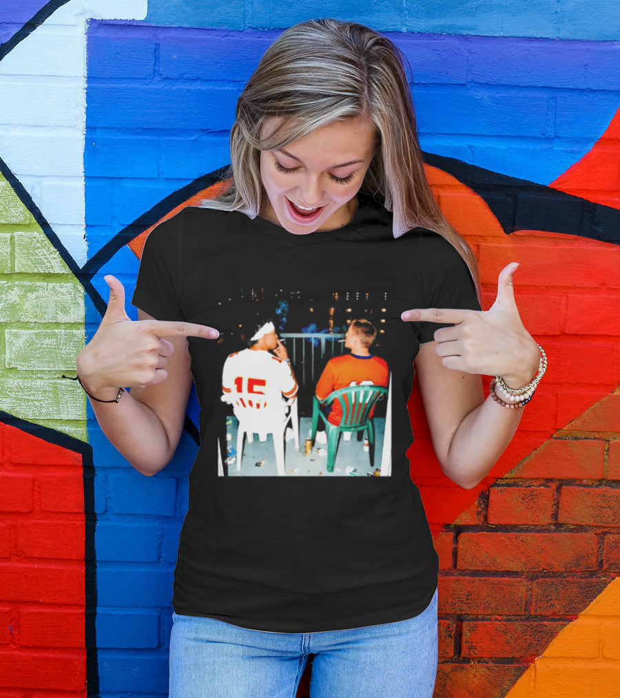 Patrick Mahomes Kansas City Chiefs And Bo Nix Denver Broncos Smoking Behind Skyline T-Shirt