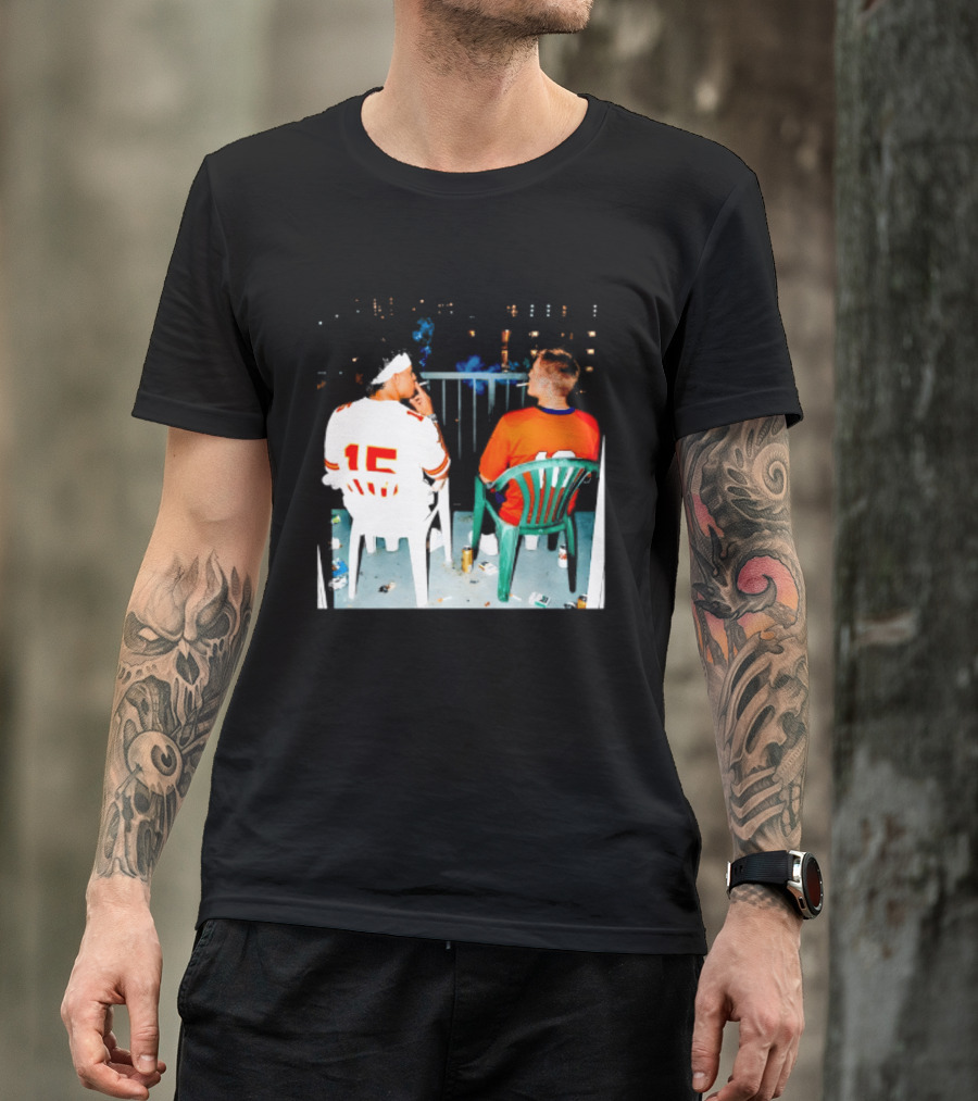 Patrick Mahomes Kansas City Chiefs And Bo Nix Denver Broncos Smoking Behind Skyline T-Shirt