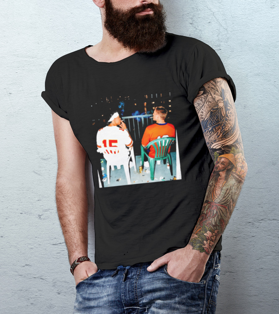 Patrick Mahomes Kansas City Chiefs And Bo Nix Denver Broncos Smoking Behind Skyline T-Shirt