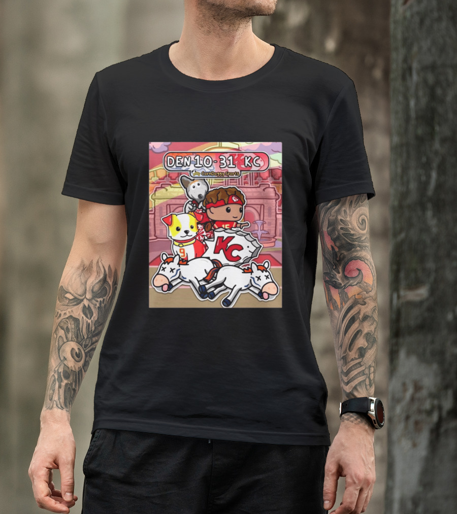 CornDoggy Sports DEN 10 31 KC Denver Broncos Vs Kansas City Chiefs Cartoon Characters And Dogs With Football T-Shirt