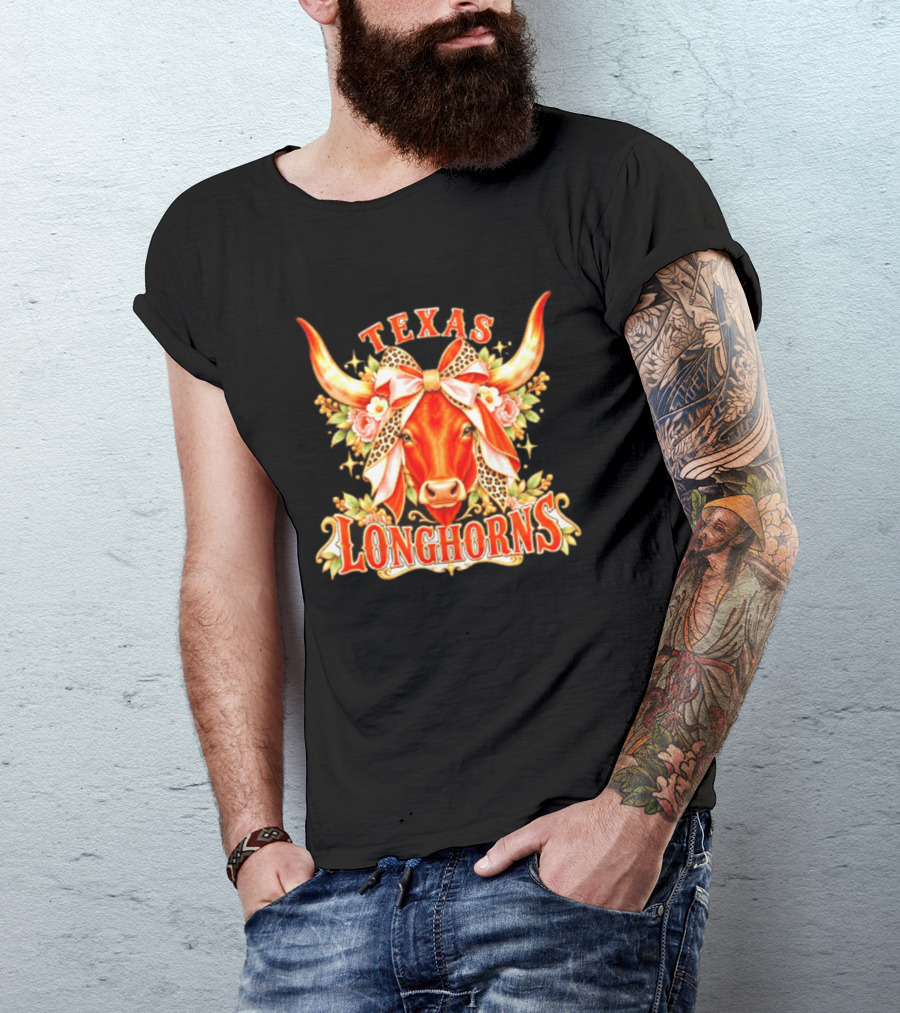 Texas Longhorns Floral Leopard Bow Cow T-Shirt