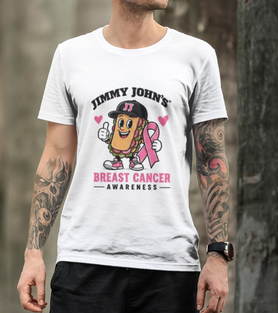 Jimmy John's Pink Ribbon Breast Cancer Awareness Sandwich JJ Hat Hearts T-Shirt