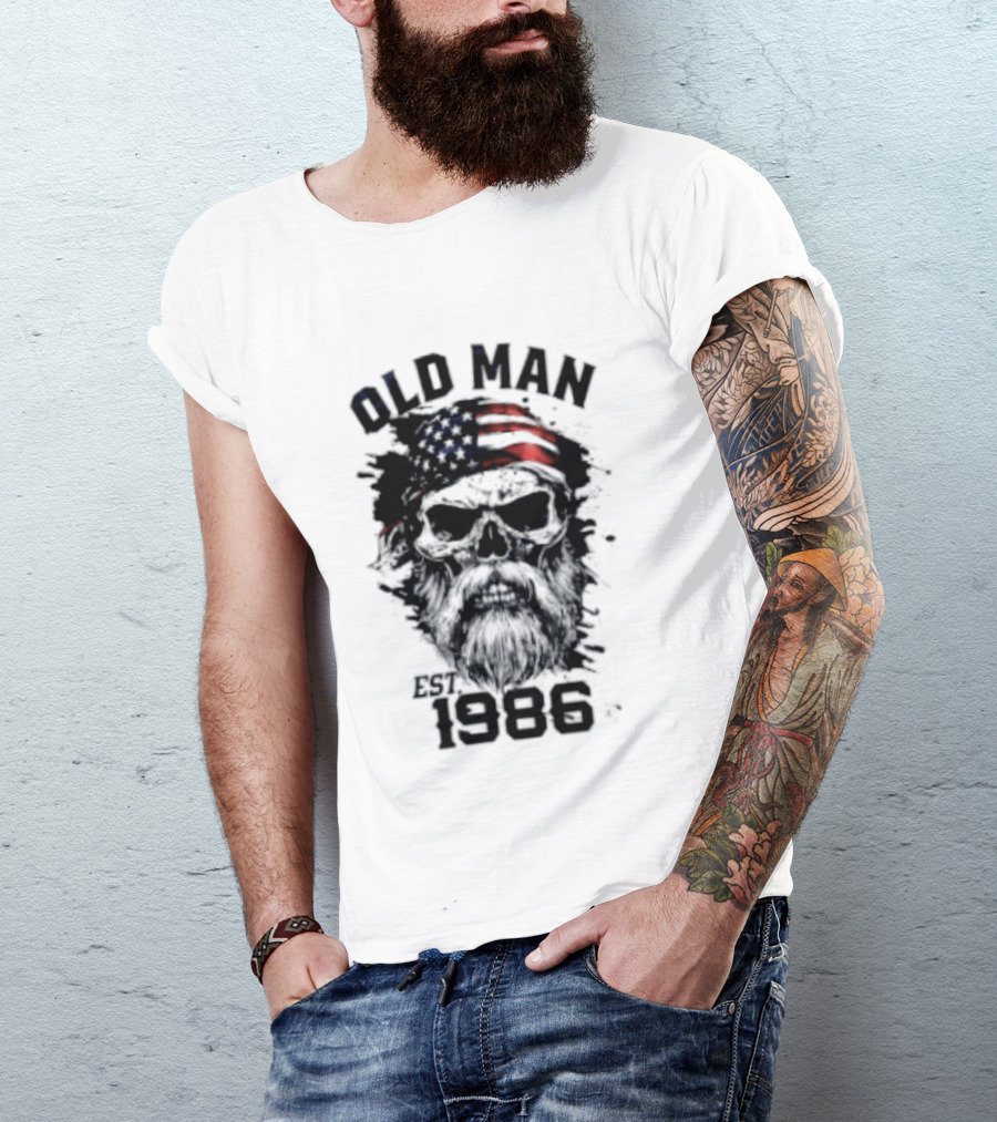 Old Man Est 1986 Skull American Flag Bandana T-Shirt